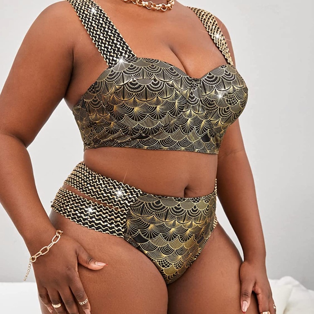 Women's Plus Size Metallic Print Wide Strap Push Up 2 Piece Set Bikini Swimsuit